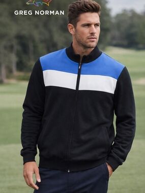 Greg Norman Collection Black, Blue & White Colorblock Zip Bomber